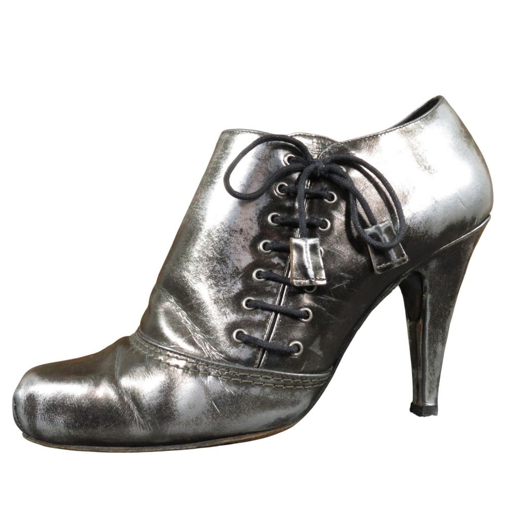Claudia‎ Ciuti Women Size 8 Silver Leather Ankle Bootie Lace Up Stiletto Heel